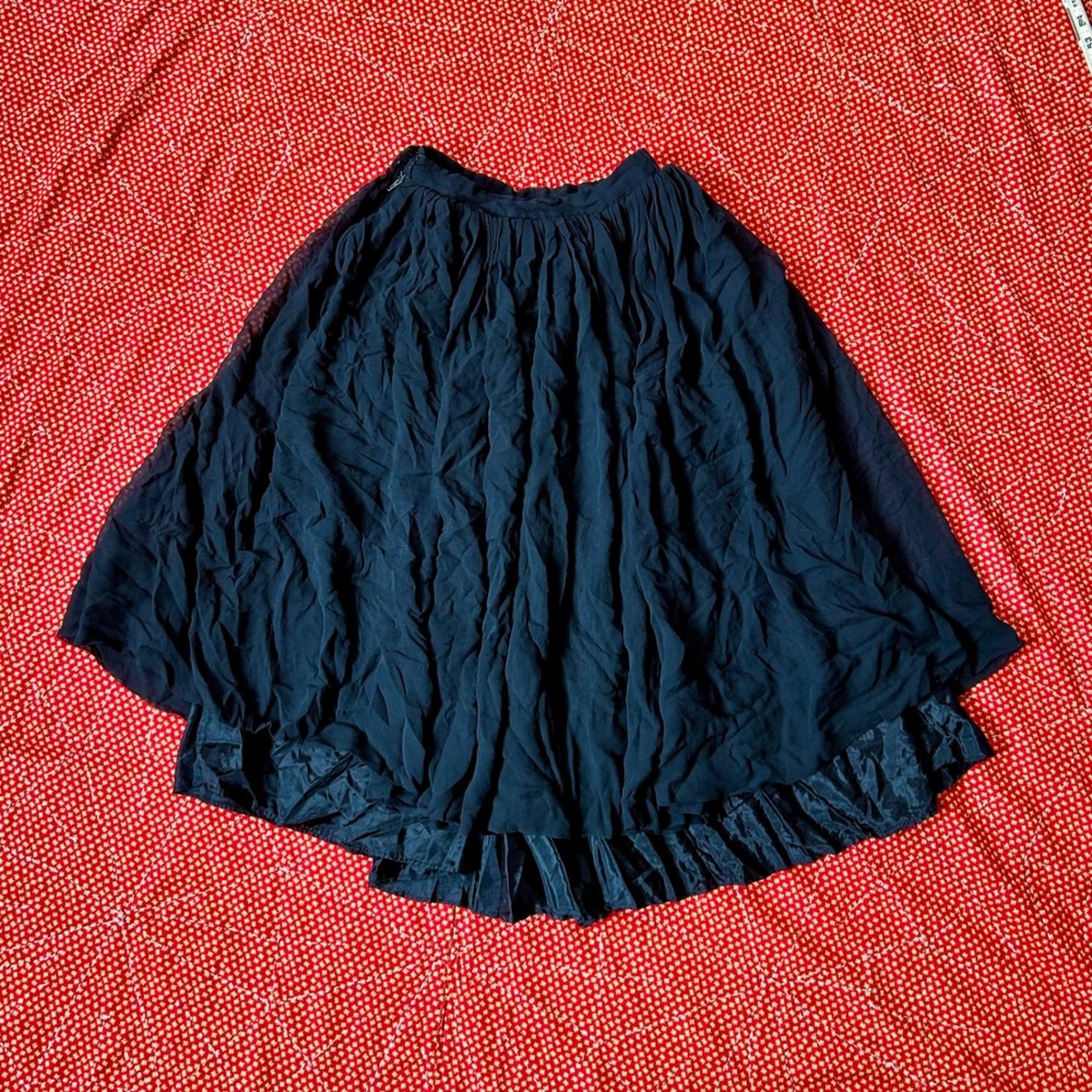 Vintage 1950s Black silk Chiffon Layered Midi Skirt Twee Indie Coquette